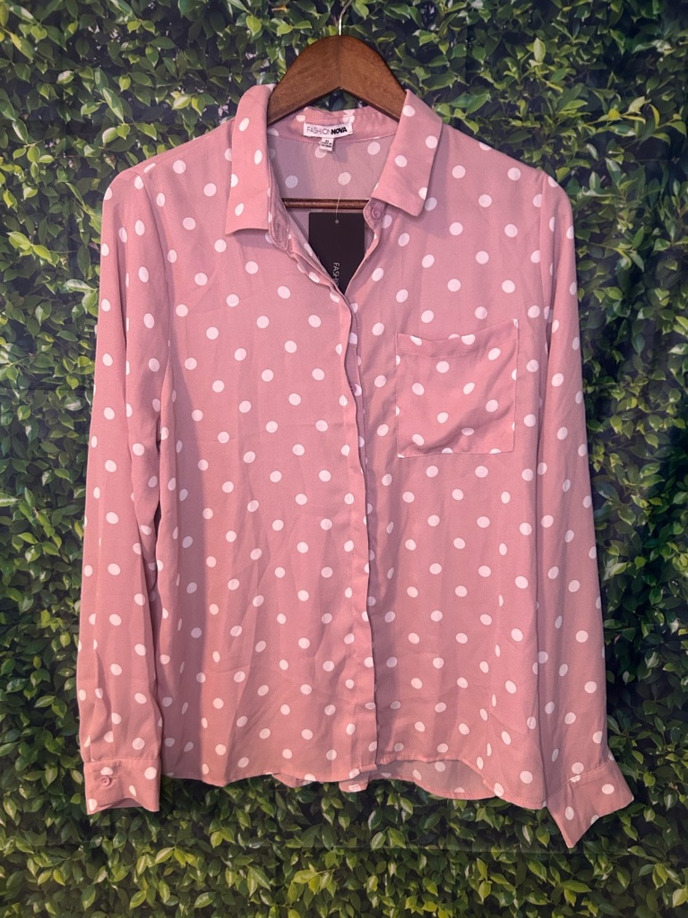 Fashion Nova Pink and White Polka Dot Button-Down Shirt